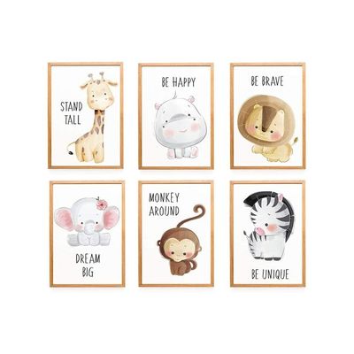 6 Pack Baby Jungle Nursery Wall Decor Art Pictures, Unframed Cartoon Safari Animal Wall Murals/Poster With Inspirational Quotes For Baby & Kids Living Room Bedroom Bathroom