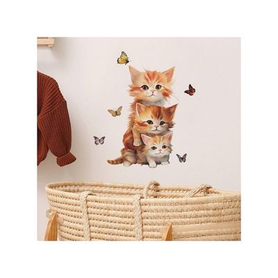 Cute Cat Wall Decals Lovely Cartoon Animals Naughty Kitten With Butterfly Wall Stickers Removable Vinyl Peel And Stick Art Mural Decoration For Nursery, Living Room, Bedroom
