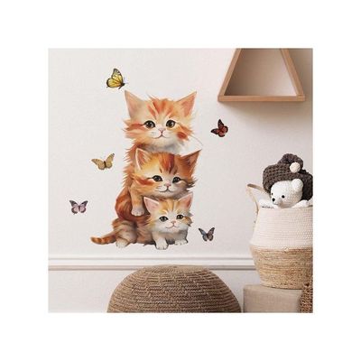 Cute Cat Wall Decals Lovely Cartoon Animals Naughty Kitten With Butterfly Wall Stickers Removable Vinyl Peel And Stick Art Mural Decoration For Nursery, Living Room, Bedroom