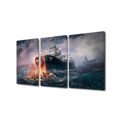3 Panel Vintage Wall Art Black And White Wall Decor World War Ii Naval Battleship Canvas Paintings Artwork For Living Room Bedroom Wall Decorations Wooden Framed Ready To Hang, 30" Wx18 H
