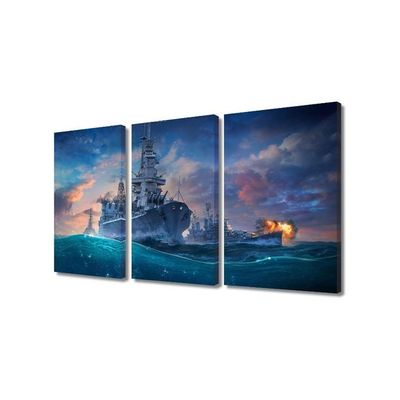 3 Panels Navy Blue Boat Wall Art For Living Room American Warship Picture Modern Canvas Wall Decor Warships Artwork For Bedroom House Decorations Framed Ready To Hang Posters, 30" Wx18 H