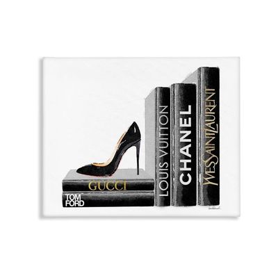 High Fashion Black Book Shelf With Stilettos Heel Canvas Wall Art, 16 X 20, Design By Artist Amanda Greenwood