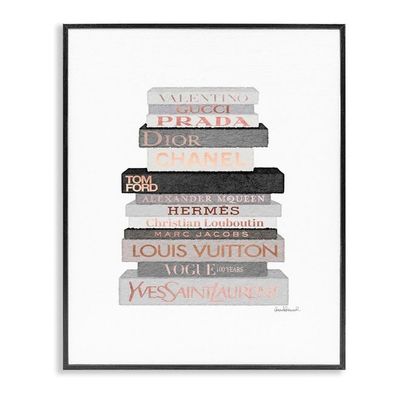 Neutral Grey And Rose Gold Fashion Bookstack Black Framed Wall Art, 24 X 30