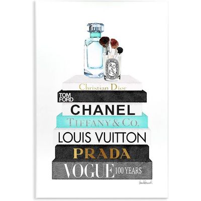 Book Stack Perfume Brushes Glam Fashion Watercolor Wall Plaque, 10 X 15
