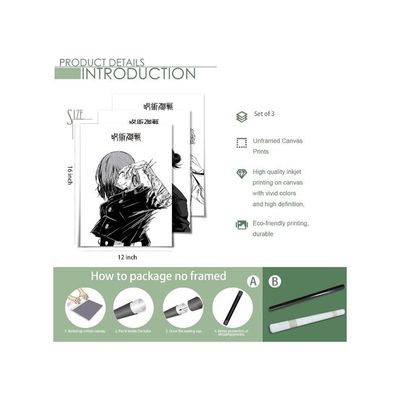 3 Piece Poster, Jujutsu Kaisen Canvas Wall Art, Gojo Satoru Black And White Manga Art Kinji Hakari Print Painting For Room Decor Anime Artwork Fan Gift 12‘’X16‘’ Unframed