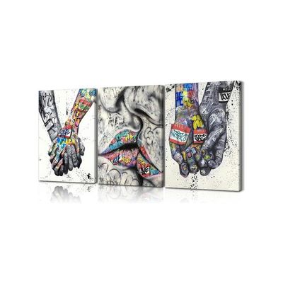 3 Piece Wall Art Colorful Decor Poster Street Canvas Pop Painting Framed For Bedroom Living Room 12''Wx16''H