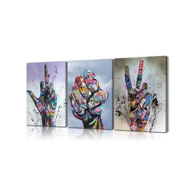 3 Piece Wall Art Hand Gesture Pop Art Street Art Canvas Wall Art Art Wall Decor Colorful Canvas Art Framed Canvas For Living Room Bedroom Decor (16''Wx24''Hx3Pcs)