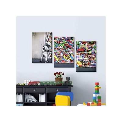 3 Pieces Banksy Wall Art Behind The Curtain Canvas Prints Wall Art Pop Art Decor Banksy Prints Street Art Colorful Paintings Banksy Artwork For Bedroom Decor (12''Wx16''Hx3Pcs)