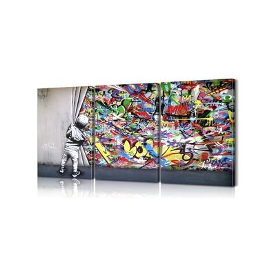 3 Pieces Banksy Wall Art Behind The Curtain Canvas Prints Wall Art Pop Art Decor Banksy Prints Street Art Colorful Paintings Banksy Artwork For Bedroom Decor (12''Wx16''Hx3Pcs)