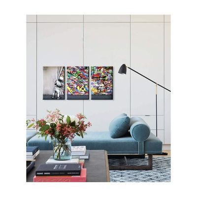 3 Pieces Banksy Wall Art Wall Art Behind The Curtain Wall Art Colorful Decor Banksy Canvas Wall Art Pop Art Canvas Wall Art Street Art Banksy Canvas For Room Decor (16''Wx24''Hx3Pcs)