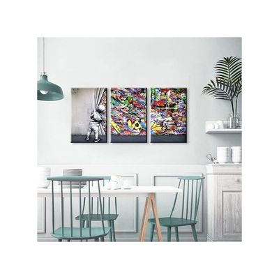 3 Pieces Banksy Wall Art Wall Art Behind The Curtain Wall Art Colorful Decor Banksy Canvas Wall Art Pop Art Canvas Wall Art Street Art Banksy Canvas For Room Decor (16''Wx24''Hx3Pcs)