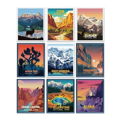 9 Piece National Park Old Posters, National Park Art Posters Nature Wall Art And Mountain Poster Abstract Travel Frameless For Hikers Living Room, 8 X 10 Inches