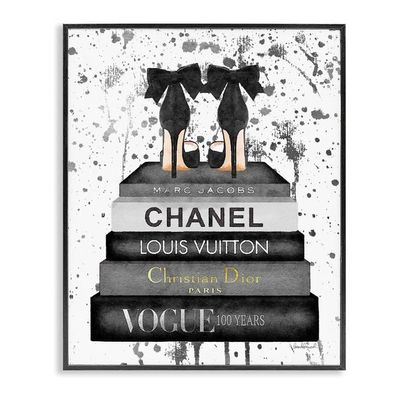 Fashion Book Stack Grey Bow Pump Heels Ink Oversized Framed  Texturized Art