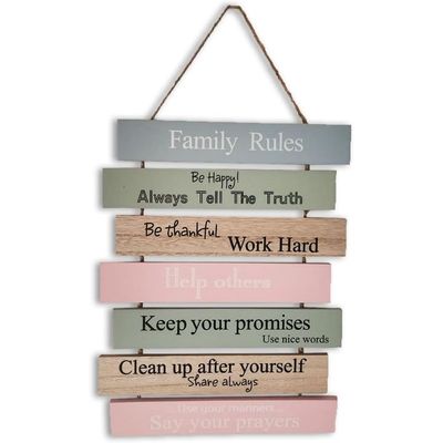 Family Rules Wooden Hanging Sign - Rustic Wall Decoration For Living Room, Bedroom, Bathroom, And Kitchen (Be Happy, Thankful, Help, Promises, Share)