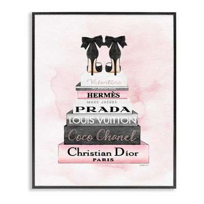 Heels Pink Silver Bookstack Glam Fashion Design, Designed By Amanda Greenwood Wall Art, 24X30, Black Framed