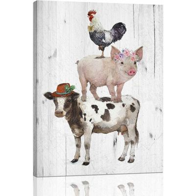 Animals Canvas Wall Art: Rooster Pig Cow Wall Decor - Funny Artwork Decoration For Home Office, Rustic Poster Framed Print For Living Room Bedroom Ready To Hang