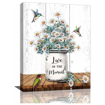 Bathroom Decor Wall Art Rustic Daisy Hummingbird Picture Wall Decor Country Blue Flower Painting Canvas Prints Modern Framed Home Decor For Bedroom Living Room Kitchen 12"X16"