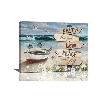 Beach Wall Art Nautical Bathroom Decor Ocean Sea Turtle Pictures Painting Motivational Quotes Teal Artwork Boat Seaside Canvas Home Decor Framed For Bathroom Bedroom Living Room 12"X16"