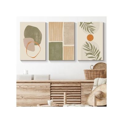 Canvas Prints Wall Art Set Of 3, Mid-Century Modern Wall Decor, Abstract Green Geometric Line Neutral Illustrations Framed Bohemian Artwork For Living Room Bedroom Walls Decoration, 16"X24"