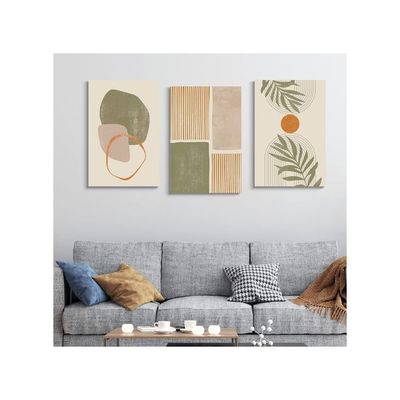 Canvas Prints Wall Art Set Of 3, Mid-Century Modern Wall Decor, Abstract Green Geometric Line Neutral Illustrations Framed Bohemian Artwork For Living Room Bedroom Walls Decoration, 16"X24"