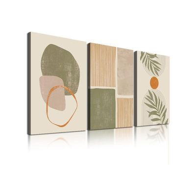 Canvas Prints Wall Art Set Of 3, Mid-Century Modern Wall Decor, Abstract Green Geometric Line Neutral Illustrations Framed Bohemian Artwork For Living Room Bedroom Walls Decoration, 16"X24"