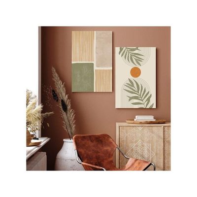 Canvas Prints Wall Art Set Of 3, Mid-Century Modern Wall Decor, Abstract Green Geometric Line Neutral Illustrations Framed Bohemian Artwork For Living Room Bedroom Walls Decoration, 16"X24"
