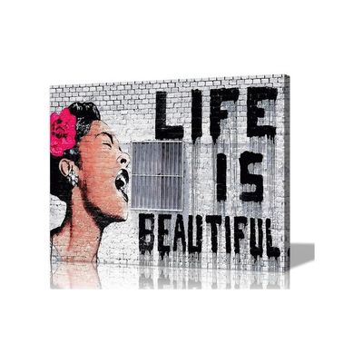 Canvas Wall Art Banksy Wall Art Life Is Beautiful Wall Decor Banksy Prints Wall Art Colorful Street Art Pop Art Poster Art Framed For Bedroom Decor (12''Hx18''W)