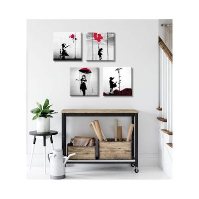 Canvas Wall Art Girl With Red Balloon Street Wall Decor There Is Always Hope Nola Abstract Artwork Black And Grey Modern Home Office Decorations 12" W X 12" H 4 Pieces