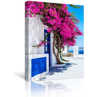 Canvas Wall Art, White Fence With Blue Door Is Surrounded By Pink Bougainvillea Flower, Greece Beautiful Scenery Print Pictures Modern Framed Artwork For Home Decoration Walls Decor 12"X 16"