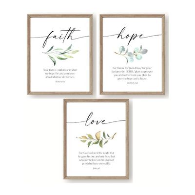Faith Hope And Love Bible Verse Inspirational Prints, Set Of 3 Unframed, Christian Home Decor, Scripture Wall Art, Religious Gift For Women, 8 X 10, Green, Blue, Gray