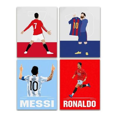 Football Sports Star Posters Cristiano Ronaldo And Lionel Messi Wall Art Prints, Soccer Superstar Canvas Posters, Motivational Sports Art Prints For Home Decor, Set Of 4 (8"X10" Unframed)