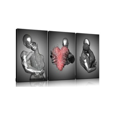 Framed 3 Pcs Love Heart 3D Wall Art Metal Sculpture Romantic Couple Abstract Art Prints Posters Decor Grey Black And White Canvas Prints For Bedroom Living Room Bathroom Hotel Valentine'S Day