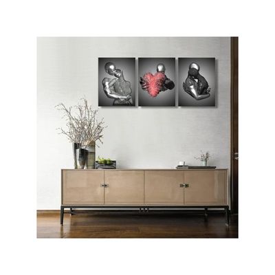 Framed 3 Pcs Love Heart 3D Wall Art Metal Sculpture Romantic Couple Abstract Art Prints Posters Decor Grey Black And White Canvas Prints For Bedroom Living Room Bathroom Hotel Valentine'S Day