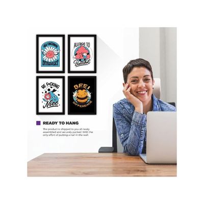 Framed Funny Posters Wall Paintings For Home And Office Decor, With Glass, A4 - Set Of 4