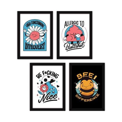 Framed Funny Posters Wall Paintings For Home And Office Decor, With Glass, A4 - Set Of 4