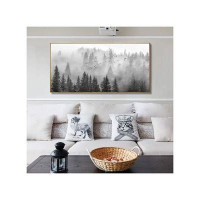 Framed Ready To Hang Wall Art Foggy Forest Black And White Wall Art Nature Landscape Mountain Photographic Printed On Canvas For Bedroom Living Room Office Home Decor 28"X56"
