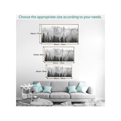 Framed Ready To Hang Wall Art Foggy Forest Black And White Wall Art Nature Landscape Mountain Photographic Printed On Canvas For Bedroom Living Room Office Home Decor 28"X56"