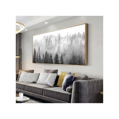 Framed Ready To Hang Wall Art Foggy Forest Black And White Wall Art Nature Landscape Mountain Photographic Printed On Canvas For Bedroom Living Room Office Home Decor 28"X56"