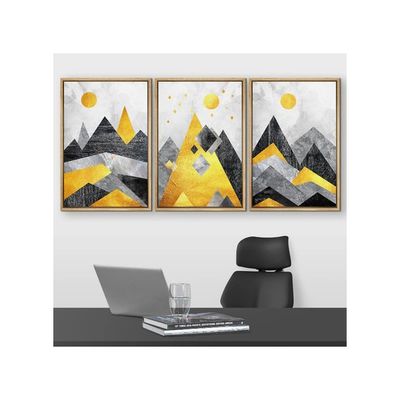 Framed Wall Art Print Set Black, Yellow And Gray Geometric Mountains Nature Wilderness Illustrations Modern Art Rustic Colorful Multicolor For Living Room, Bedroom, Office - 16"X24"X3 Natural