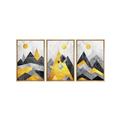 Framed Wall Art Print Set Black, Yellow And Gray Geometric Mountains Nature Wilderness Illustrations Modern Art Rustic Colorful Multicolor For Living Room, Bedroom, Office - 16"X24"X3 Natural