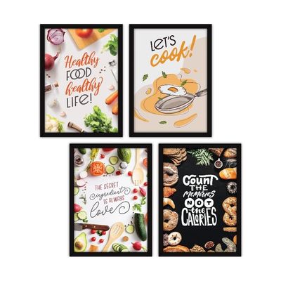 Framed Wall Paintings For Room Home Decor - Food Posters With Glass, A3 - Set Of 4