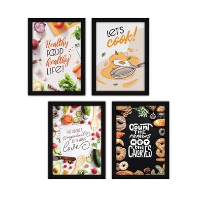 Framed Wall Paintings For Room Home Decor - Food Posters With Glass, A4 - Set Of 4