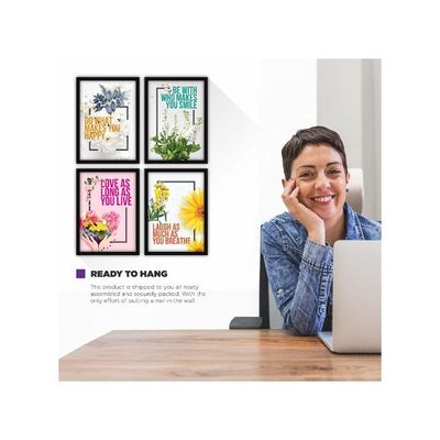 Framed Wall Paintings Inspiring Quotes For Office And Home - Set Of 4 With Glass - Happiness