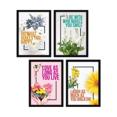 Framed Wall Paintings Inspiring Quotes For Office And Home - Set Of 4 With Glass - Happiness