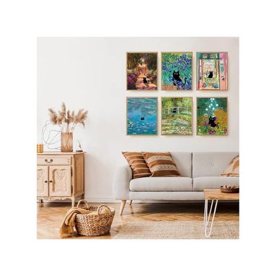 Funny Black Cat Wall Art Prints Set Of 6 Canvas Artwork Cat Lover Posters Gift Cute Room Aesthetic Vintage Floral Matisse Monet Van Gogh For Living Room Bathroom Bedroom Decor (11"X14" Unframed)