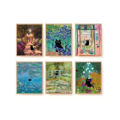 Funny Black Cat Wall Art Prints Set Of 6 Canvas Artwork Cat Lover Posters Gift Cute Room Aesthetic Vintage Floral Matisse Monet Van Gogh For Living Room Bathroom Bedroom Decor (11"X14" Unframed)