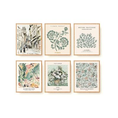 Green Matisse Wall Art Prints Set Of 6 Canvas Vintage Eclectic Aesthetic Abstract Gallery Floral Van Gogh William Morris Flower Market For Bedroom Living Room Decor (11"X14" Unframed)