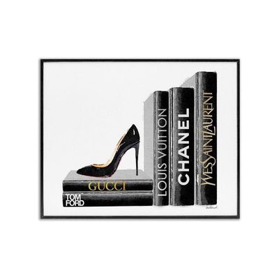 High Fashion Book Shelf With Stilettos Heel Black Framed Wall Art, 11 X 14, Design By Artist Amanda Greenwood