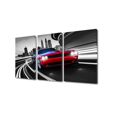 Large Racing Wall Art Canvas 3 Panels, Retro Red American Muscle Sports Car Challenger Posters For Boys Room Decor Theme, For Family, Office Framed Stretched Ready To Hang, 24" Wx36 H