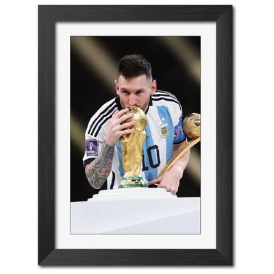 Lionel Messi Poster Argentina World Cup 2022 Moment Laminated Poster Framed Painting With Matt Finish Black Frame (12 Inches X 9 Inches)
